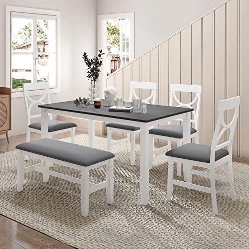 LUMISOL Farmhouse Wood Dining Set 6 Piece Dining Room Table Set with Bench of 6 Cottage Kichten Table and Chair Set Rustic Style, 60