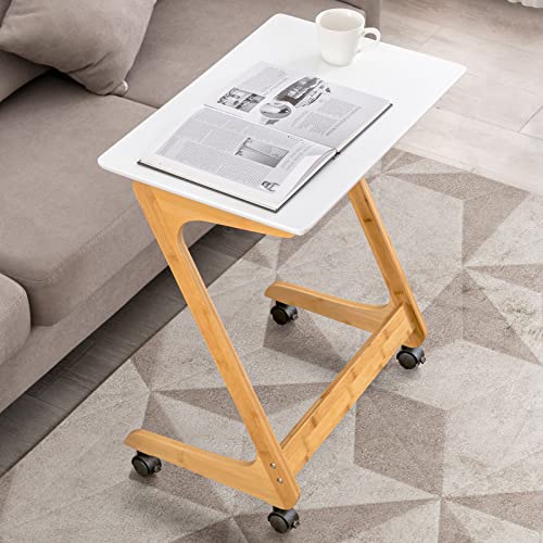 Nnewvante Sofa Side End Table with Wheels/Casters Couch TV Laptop Desk Snack Tray for Living Room Bedroom Small Spaces White Bamboo 23.5