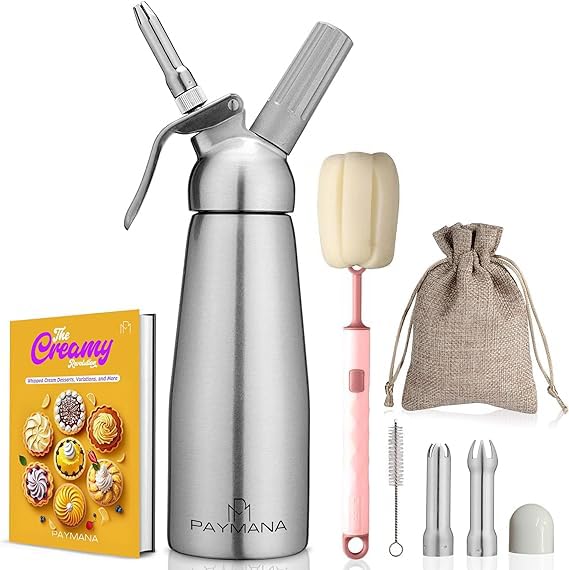 Paymana Professional Aluminum Whipped Cream Dispenser with 3 Decorating Nozzles, 2 Cleaning Brush, Storage Bag, Dust Cap,Recipe Book & Charger Holder | Leak Free Whip Cream Maker (Charger Excluded)