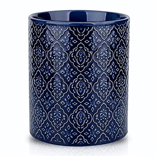 KOOV Kitchen Utensil Holder, Large Utensil Holders for Countertop, 6 x 7 Inches Ceramic Utensil Crock, Deep and Stable, Cooking Utensil Holder, Embossed Pattern (BLue)