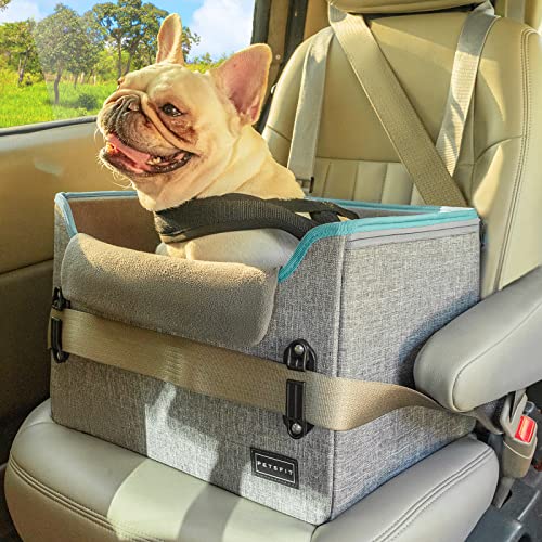 PETSFIT Small Dog Car Seat, Puppy Portable Dog Booster Seat for Car with Clip-On Leash, Adjustable Straps Perfect for Small Pets Up to 25lbs (Grey)