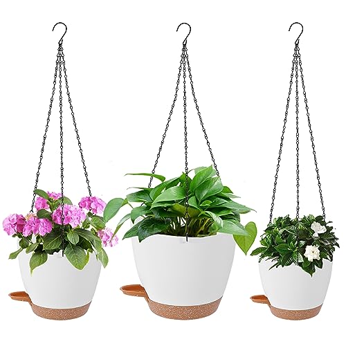 Dekosilave Hanging Planters for Indoor Outdoor Plants 3 Pack Self Watering Hanging Plant Pot 8/7.5/7 inch Hanging Flower Plant Pot, Hanging Plant Basket with Drainage Holes and Chain for Garden Home