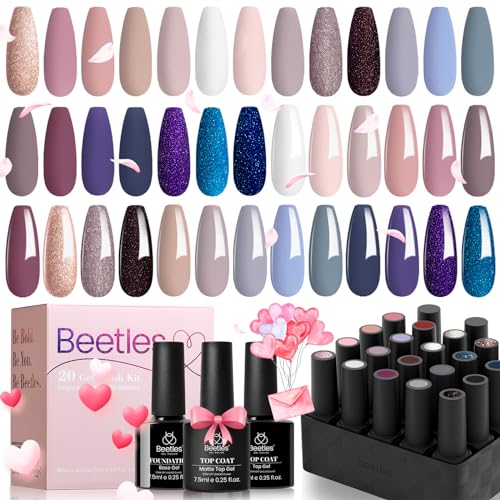 Beetles 23Pcs Gel Nail Polish Kit with Glossy Matte Top Coat and Base Coat Girls Night Collection White Nude Gray Glitters Gel Valentines Nail Polish Set U V Soak Off Holiday Manicure for Women Girls