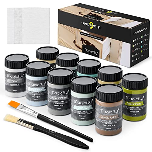 Magicfly 15 Pcs Chalk Furniture Paint Set, 9 Colors Ultra Matte Finish Acrylic Craft Paint Set (60 ml/2 oz) with 1 Liquid Wax, 2 Brushes, 3 Sandpapers, Perfect for Home Decor, Crafts-Farmhouse