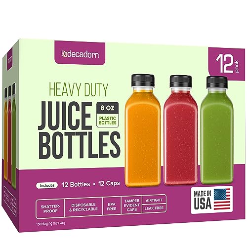 DECADORN 8oz Plastic Bottles With Caps - 12 Pack Plastic Juice Bottles For Juicing - Empty Juice Containers With Lids For Fridge - MADE IN USA Clear Mini Reusable Bottles With Lids - drink container