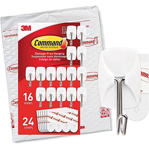 Command Small Wire Toggle Hooks, Damage Free Hanging Wall Hooks with Adhesive Strips, No Tools Wall Hooks for Hanging Organizational Items in Living Spaces, 16 White Hooks and 24 Command Strips