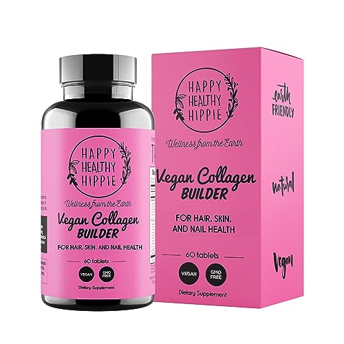 Happy Healthy Hippie Vegan Collagen Builder – Plant Based Collagen Pills Booster for Youthful Glow | Hair, Skin, & Nails Vitamins | Collagen for Women | Keratin & Elastin Builder | Vegetarian, 60ct