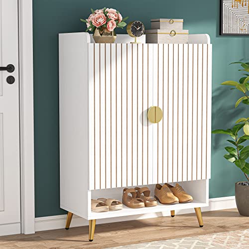 Tribesigns Shoe Cabinet with Doors, 7-Tier Shoe Storage Cabinet with Adjustable Shelves, Wooden Shoes Rack Shoe Storage Organizer for Entryway, Hallway, Closet, Living Room, Gold and White
