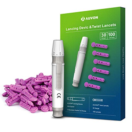 AUVON Lancing Device with Less Pain Design, Blood Sample Pen and Twist Top 100pcs 30 Gauge Lancets for Blood Sugar Level Monitoring