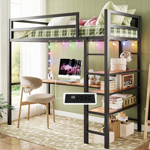 ANCTOR Loft Bed Twin Size with L Shaped Desk and Shelves, Heavy Duty Metal Loft Bed Frame with Power Outlet and LED Lighted, Space-Saving, Noise Free