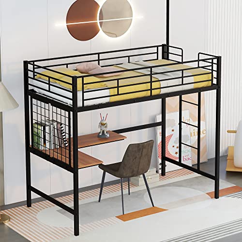 RUNWON High Metal Twin Size Loft Desk for Kids Teens Bedroom,Large Space Under Bed, Black