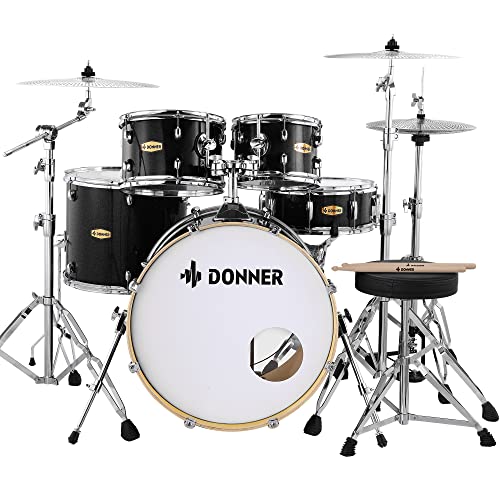 Donner Drum Set Adult with Practice Mute Pad,5-Piece 22 inch Full Size Acoustic Drum Kit, Black- DDS-520