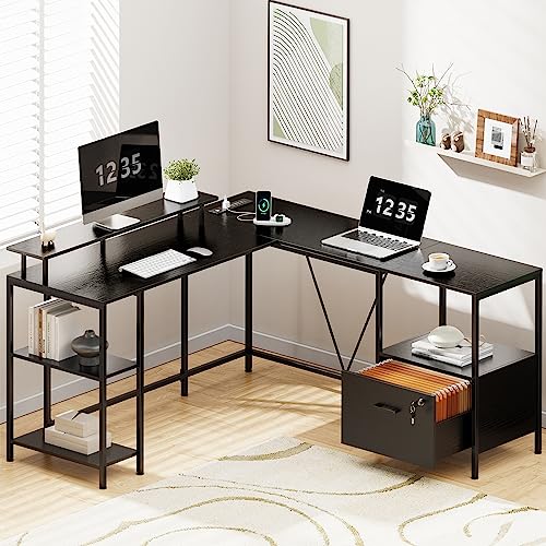 Huuger L Shaped Computer Desk with Power Outlets & LED Lights, Reversible Computer Desk with File Cabinet & Storage Shelves, Corner Desk Home Office Desk, Black