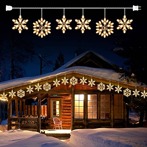 Snowflake Christmas String Lights with 6 Drops - 9ft 100 Mini Bulb Icicle Lights with Hooks, Plug-in Connectable Hanging Lights for Christmas Home Indoor Outdoor Party Wedding Holiday Décor, Clear