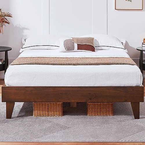 Yaheetech Full Bed Frame Deluxe Natural Solid Pine Wood Platform Bed, Reserved Holes for DIY Headboard/Wooden Slats Support/7.5 inch Clearance Space/No Noise/Easy Assembly, Smoked Walnut Full Bed