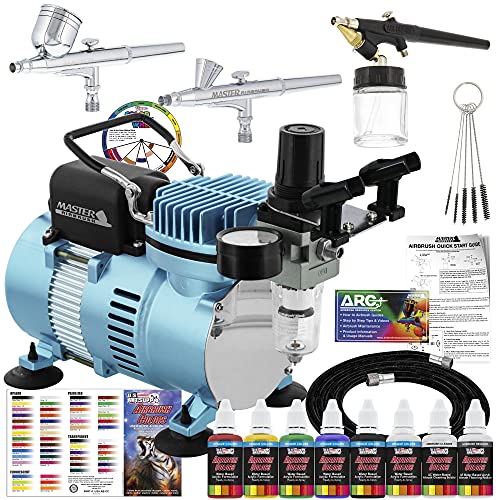 Master Airbrush Cool Runner II Dual Fan Air Compressor Professional Airbrushing System Kit with 3 Airbrushes, Gravity and Siphon Feed - 6 Primary Opaque Colors Acrylic Paint Artist Set - How to Guide