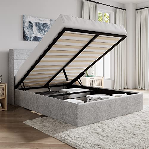 SHA CERLIN Full Size Lift Up Storage Bed/Modern Wingback Headboard/Upholstered Platform Bed Frame/Hydraulic Storage/No Box Spring Needed/Wood Slats Support/Light Grey