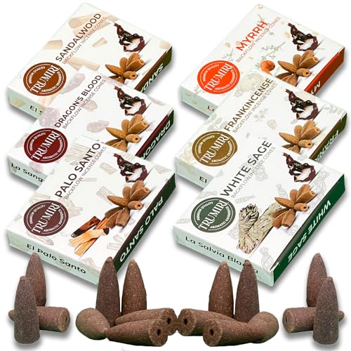 Trumiri Woody Backflow Incense Variety Pack - 60 Total Incense Cones in 6 Scents (White Sage, Palo Santo, Dragons Blood, Sandalwood) - Incense Waterfall Cones