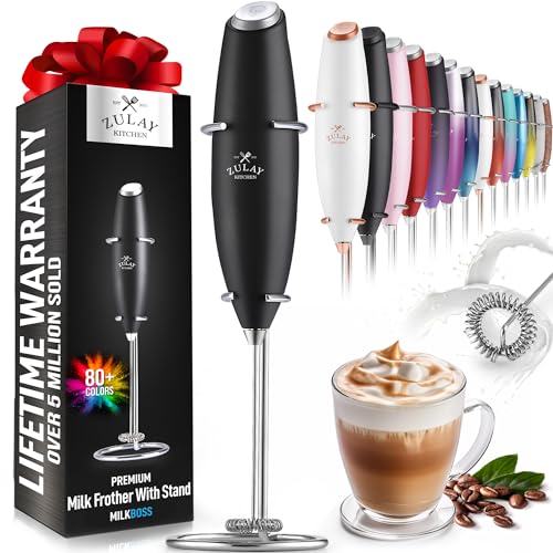 Zulay Kitchen Powerful Milk Frother Handheld Foam Maker for Lattes - Whisk Drink Mixer for Coffee, Mini Foamer for Cappuccino, Frappe, Matcha, Hot Chocolate & Coffee Creamer by Milk Boss (Black)