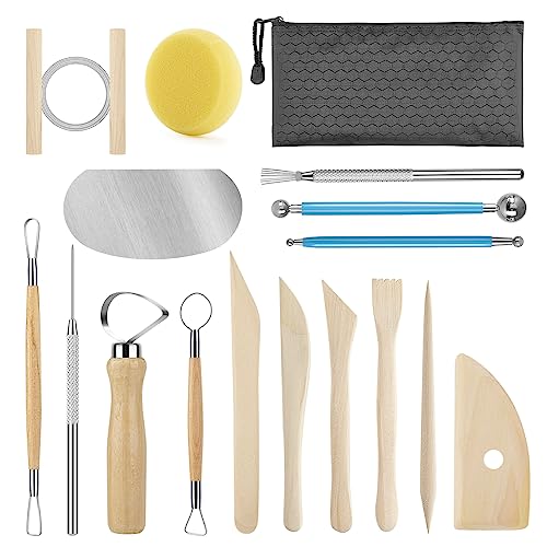 KACOLA Pottery Tool Kit, 17pcs Polymer Clay Tools, Modeling Clay Sculpting Tools Kit, Ceramics Tools, Trimming, Embossing Pattern, Smooth Wooden Handles