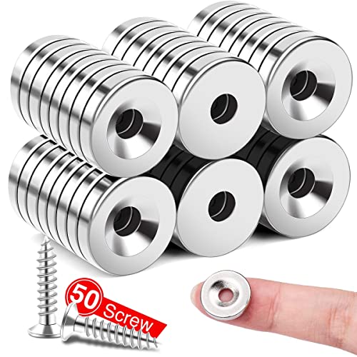 MIKEDE 50Pcs Magnets, Strong Neodymium Magnets Small Round Magnets with Hole, Heavy Duty Rare Earth Magnets Disc Countersunk Hole Magnets with 50Pcs Stainless Screws for Locker, Tool Storage, Crafts