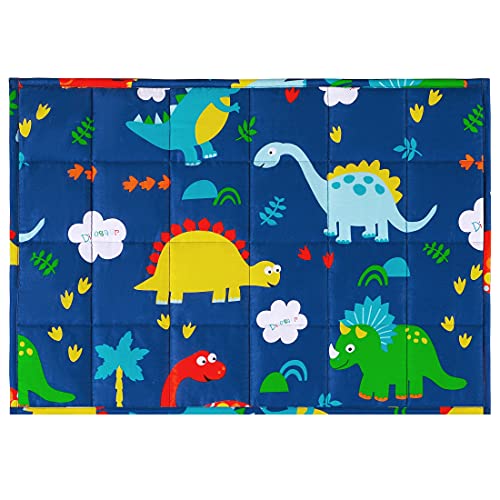 ROKDUK Kids Weighted Lap Pads for Dog Pet Throw Blanket Toddler 17x22in 2 Pounds 100% Oeko-Tex Natural Egyptian Cotton 1200TC with Glass Beads, Printed Dark Blue Dinosaur