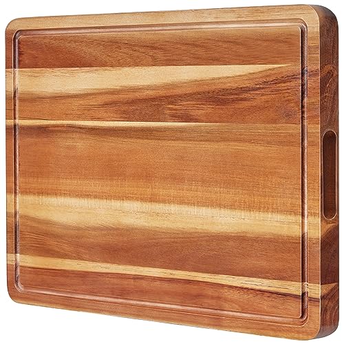 Wood Cutting Boards for Kitchen, Large cutting board 17 x 13 Inch, BEZIA Acacia Wooden Carving Board for Meat, Turkey, Vegetables, BBQ, Cheese - Chopping Butcher Block with Handles, Juice Groove