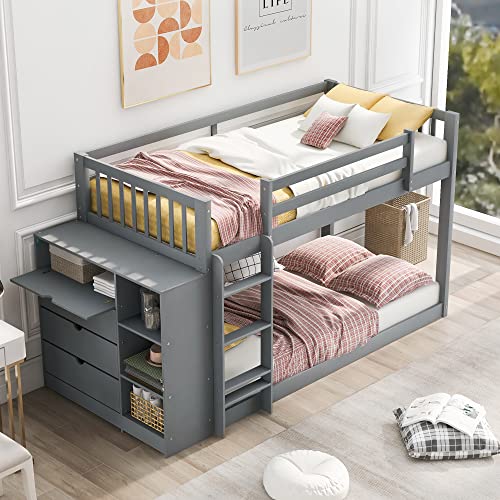 GLORHOME Solid Wood Twin Over Twin Bunk Bed with Attached Cabinet, Storage Shelves, and Full-Length Safety Rails - Space-Saving Bedroom Furniture for Teens and Adults