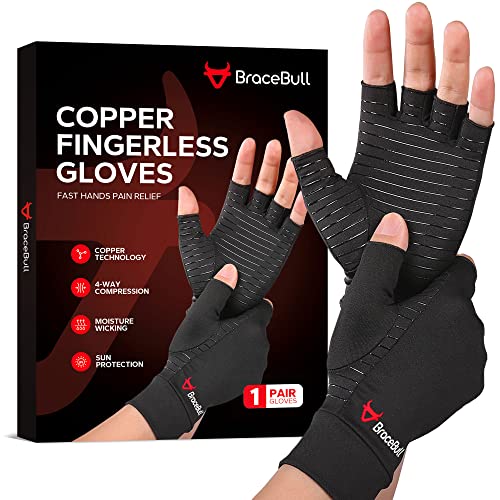 BraceBull Arthritis Gloves (1 Pair), Copper Infused Fingerless Compression Gloves for Hand Pain, Carpal Tunnel, RSI, Rheumatoid, Tendonitis, and Relieve Muscle Pain for Women & Men (Medium, Black)