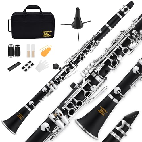 Eastar B Flat Clarinet for Beginner, Ebonite Clarinet Nickel-plated with 2 Barrels, 3 Reeds, White Gloves, Hard Case, Cleaning Kt, ECL-300