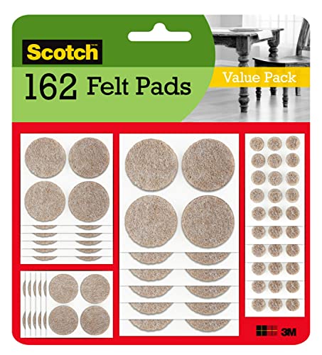 Scotch Felt Pads, Felt Furniture Pads for Protecting Hardwood Floors, Round, Beige, Assorted Sizes Value Pack, 162 Pads