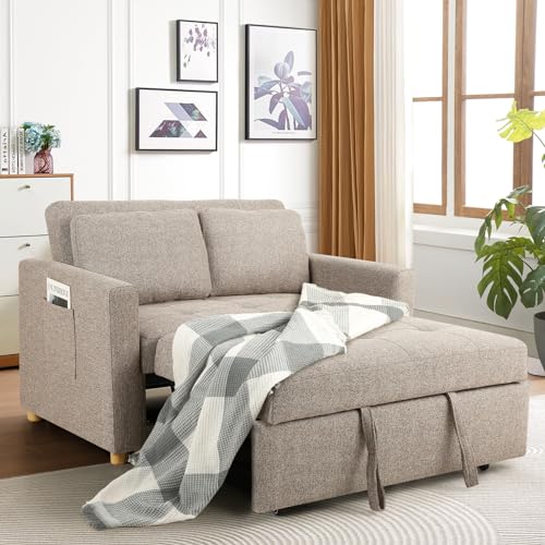 SEJOV 3-in-1 Convertible Sofa Bed, Linen Fabric Sleeper Couch Pull Out Bed, 49
