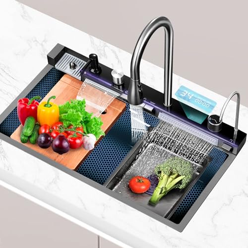 TTG Waterfall Kitchen Sink, 29.5 Inch Stainless Steel Smart Kitchen Sinks, Multifunctional Workstation Kitchen Sink with Digital Display Pull-Out Faucet and Accessories(29.5 * 18.1 * 8.07 inch)