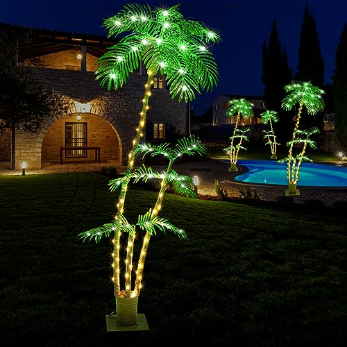 Lighted Palm Tree, 6FT Palm Trees for Outside Patio, Christmas Palm Tree Decor, Waterproof＆Windproof Solar Light Up Tree, Artificial Lighted Palm Tree Party Decorations for Outside Indoor Patio Decor