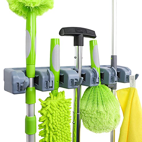 Amazon Basics - Wall Mount Broom Holder and Garden Tool Organizer, 6 Hook and 5 slot, Gray