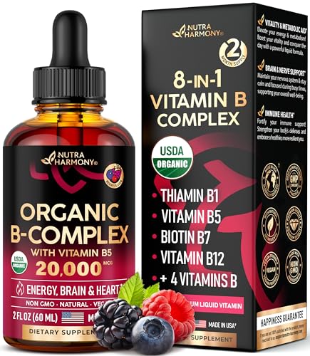 USDA Organic Vitamin B Complex w/ B5 | 8-in-1 Liquid Drops, Made in USA Supplement | B1 Thiamine | B2 Riboflavin | B3 Niacinamide | B6 Pyridoxine | B7 Biotin | B9 Folic Acid | B12 Methylcobalamin, 2fl