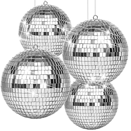 CHENGU 4 Pack Large Disco Ball Silver Hanging Reflective Mirror Ball Ornament for Party Holiday Wedding Dance and Music Festivals Decor Club Stage Props DJ Decoration (6 Inch, 4 Inch)