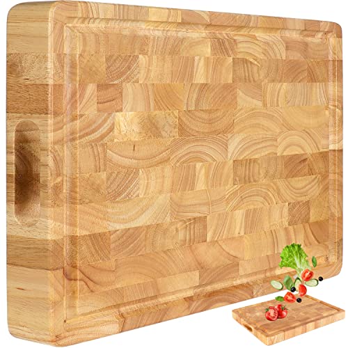 Cutting Board (17x13x1,5in) Wood Cutting Board, End Grain Cutting Board, Wooden Butcher Block, Chopping Board - Reversible Multipurpose For Kitchen with Juice Groove, Cracker Holder & Inner Handles.