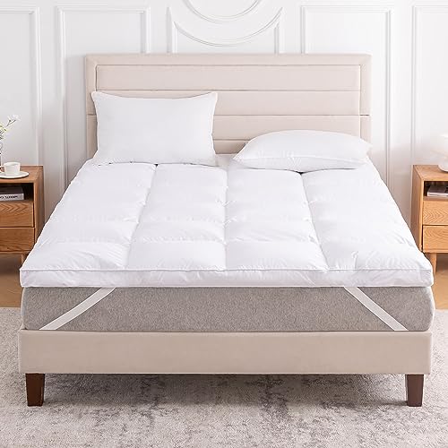 LeWinBedding 3 Inch White Goose Feather Mattress Topper,Queen Feather Bed Topper,Mattress Cover with Straps,Ultra Soft Support,100% Organic Cotton Fabric(60”x80”)