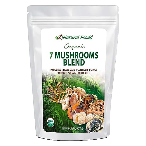 Z Natural Foods Organic 7 Mushroom 1 lb - Lion’s Mane, Cordyceps, Chaga, Red Reishi, Shiitake, Maitake and Turkey Tail Mushrooms, Non-GMO Mushroom