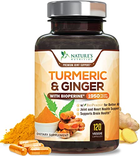 Turmeric Curcumin with BioPerine & Ginger 95% Standardized Curcuminoids 1950mg Black Pepper for Max Absorption Joint Support, Nature