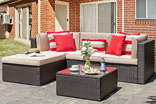 Vongrasig 5 Piece Patio Furniture Sets, All-Weather Brown PE Wicker Outdoor Couch Sectional Set, Small Conversation Set for Garden/Patio w/Ottoman, Glass Table, Red Pillow, Beige