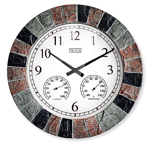 14 inch Indoor/ Outdoor Faux Slate Waterproof Wall Clock with Thermometer and Hygrometer, Battery Operated Round Clock. Decorative for Patio/Home, 3 colors (Mix of Grey/Red/Black Frame Color…)