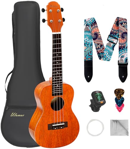 Ulumac Concert Ukulele, All Solid Mahogany 23inch Ukelele for Adults Kids Beginner with Gig Bag, Digital Tuner, Replacing Strings, 3 Guitar Picks, Strap, Cloth