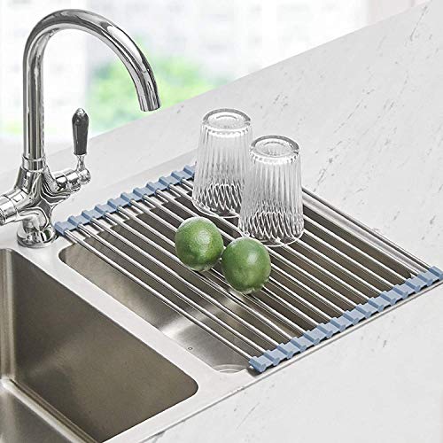 Seropy Roll Up Dish Drying Rack, Over Sink Dish Drying Rack Rolling Dish Drainer, Sink Rack Mat Stainless Steel Dish Rack for Kitchen Sink Counter 17.8x11.8