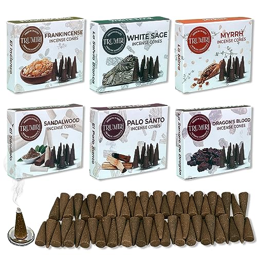 Trumiri Woody Incense Cones - Variety Pack - Total 60 Cone Incense (6 Scents x 10 Conos) - White Sage, Palo Santo, Dragons Blood, Sandalwood - Cone Incense Scents - Insense Cones - Incent Cone