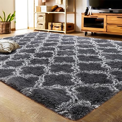 LOCHAS Luxury Shag Area Rug 4x6 Feet Geometric Plush Fluffy Rugs, Extra Soft Carpet Moroccan Rugs for Bedroom Living Room Dorm Kids, High Pile Shaggy Floor Rug Decor, Dark Grey/White