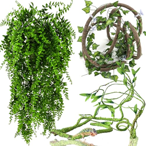 HERCOCCI Reptile Vines, Flexible Jungle Climbing Vines Terrarium Plastic Plants and Leaves Tank Accessories Decor for Gecko Snake Lizard Bearded Dragon Hermit Crab Frog