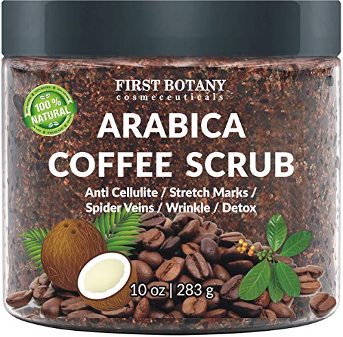 First Botany Cosmeceuticals, 100% Natural Arabica Coffee Scrub with Organic Coffee Coconut & Shea Butter Acne Anti Cellulite & Stretch Mark treatment Spider Vein Therapy, Varicose Veins Eczema, 10 oz