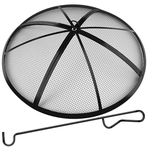 Fire Pit Spark Screen, 40 inch Collapsible Heavy Duty Fire Pit Screen with Handle and Fire Poker, Easy-Opening Fire Pit Lid Round Fire Pit Mesh Screen Fire Pit Cover for Outdoor Patio Backyard